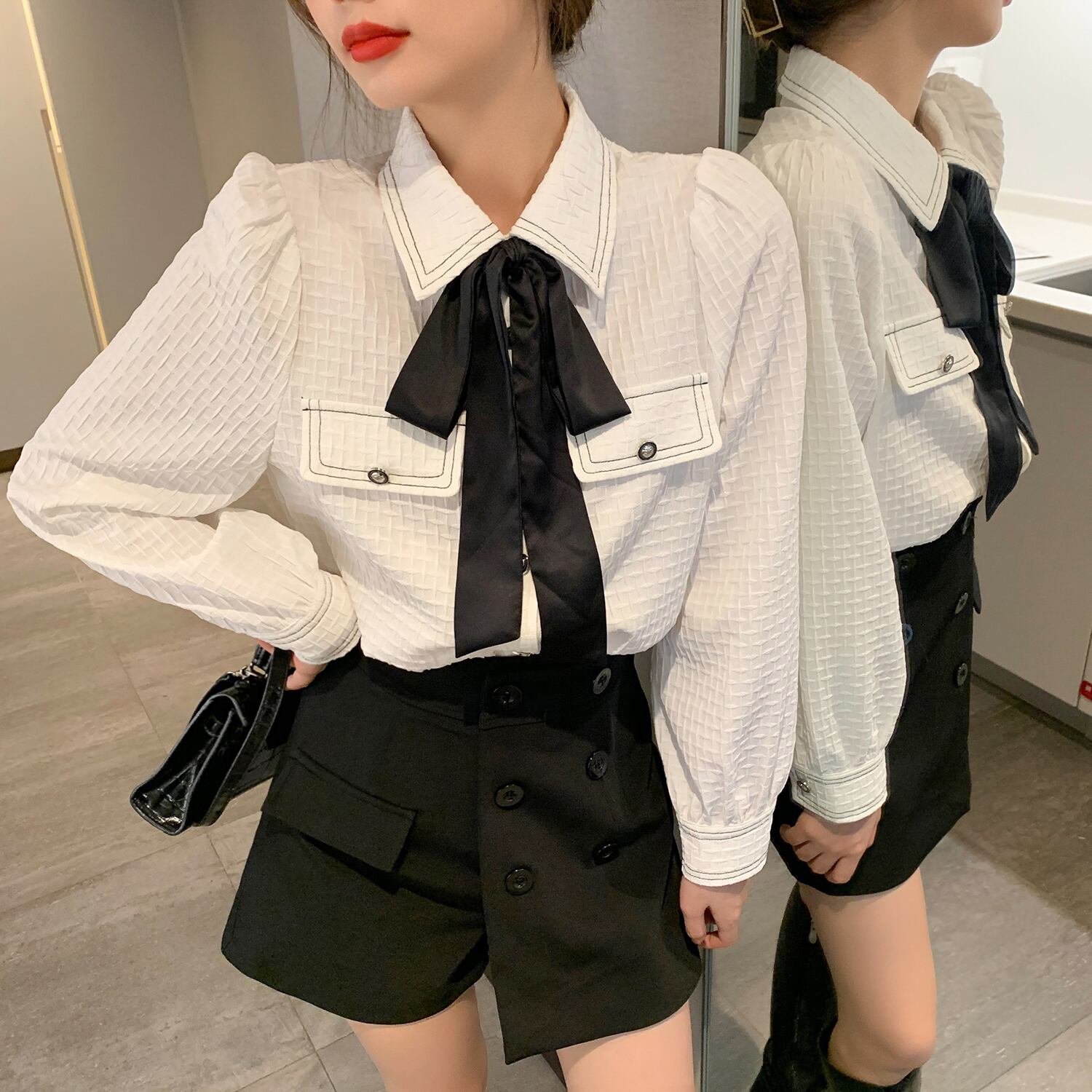 スプリングリボンシャツ ロング 大人ガーリー スウィート キュート カジュアル 春物 6Du_Shop_Women35179475852