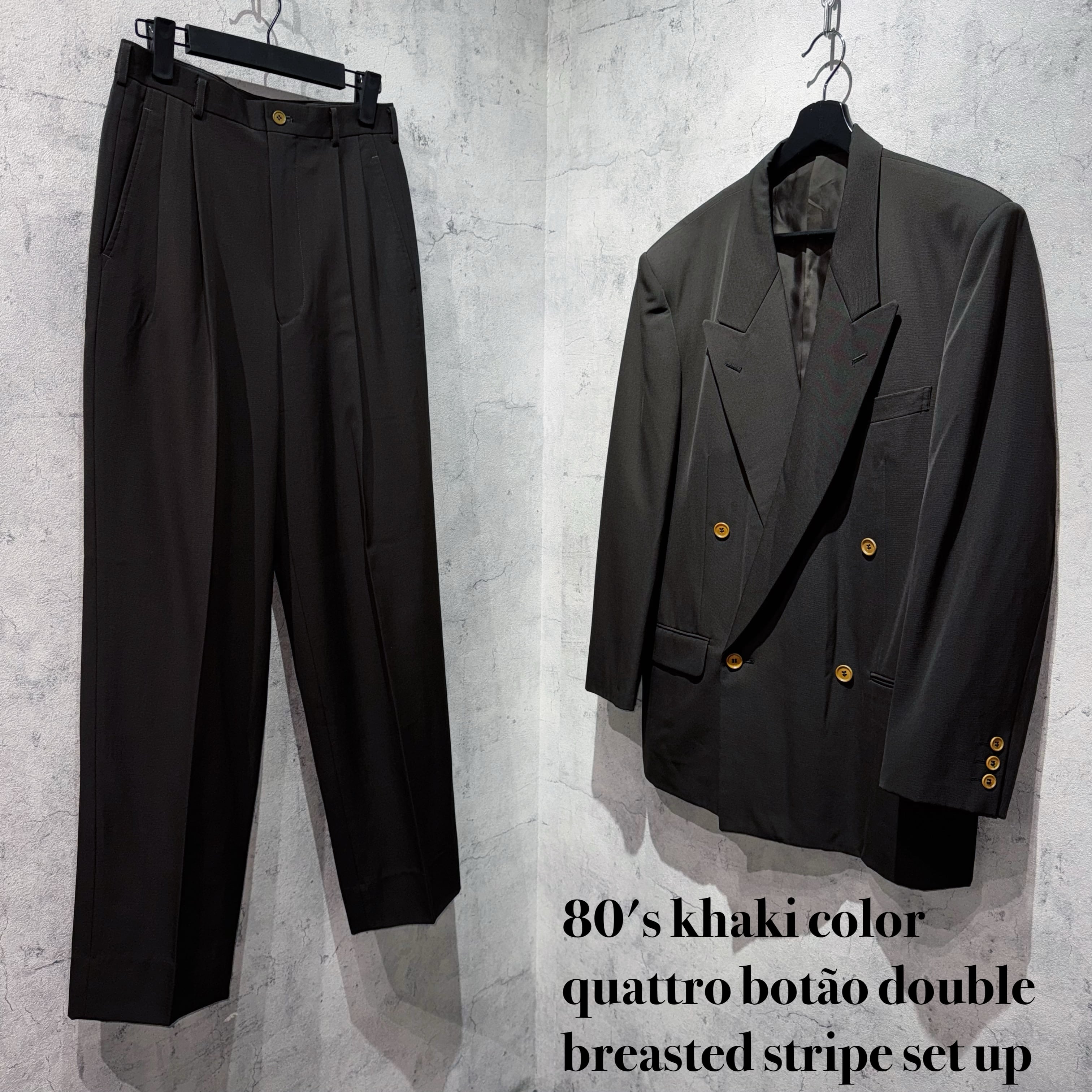 80's khaki color quattro botão double breasted stripe set up