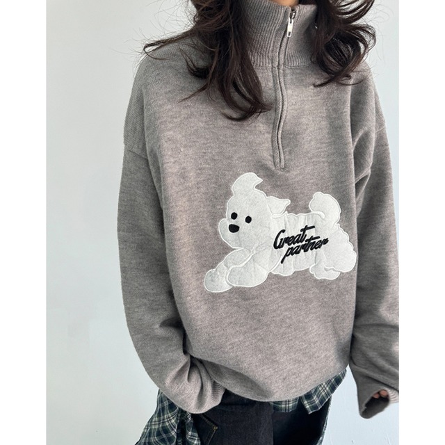 dog design half zip-up knit　ドッグデザインハーフジップニット　J0675