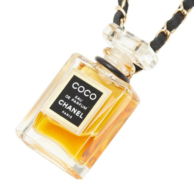 シャネル COCO EAU DE PARFUM ココ オードゥ パルファム 香水 チェーン ネックレス クリア ブラック ゴールド ガラス レザー レディース CHANEL 【中古】