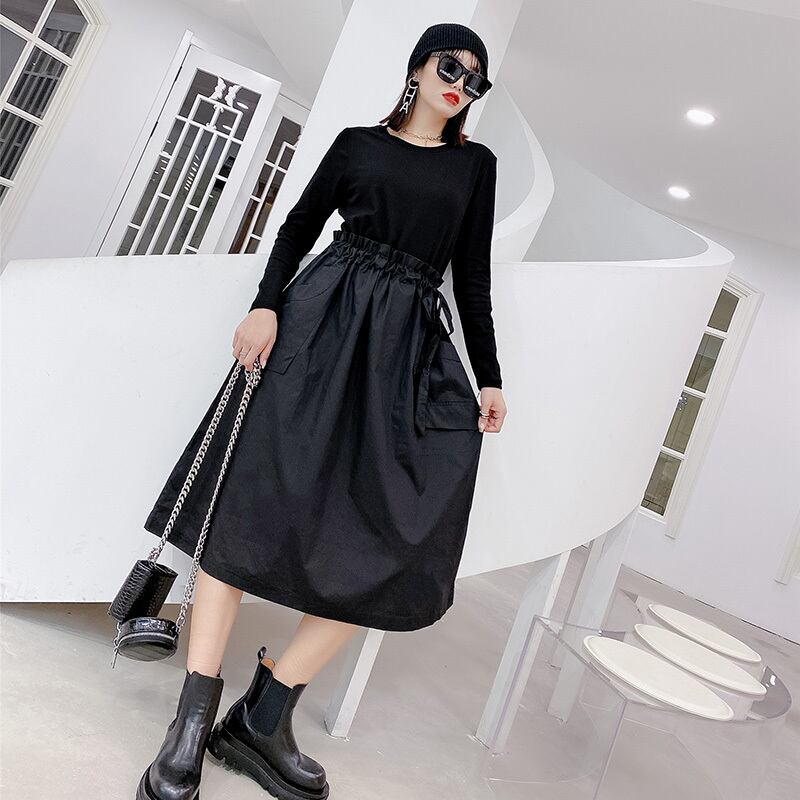 ファットmmスリムルーズドレスラージサイズレディースファッション年齢削減気質巾着ウエストスカートバージョン潮をカバーする ミックスインファッション33829235716