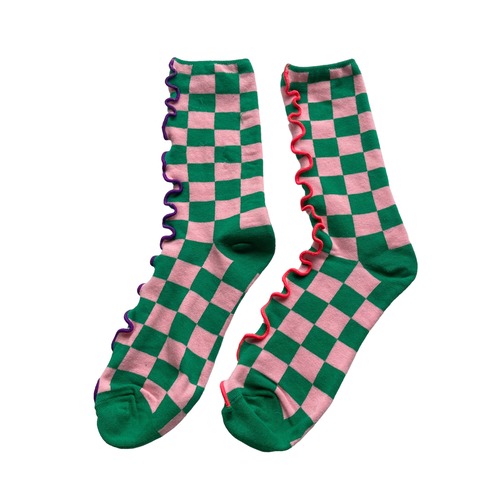【solmu×HITOTSUDAKE】mellow block check socks（ピンク×グリーン）ネオンレッド×濃いムラサキ