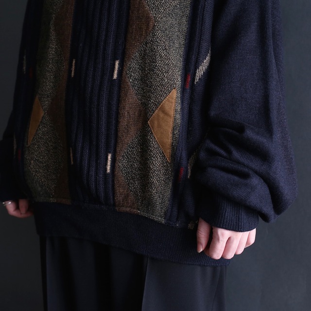 patchwork and 3D knit design half-zip sweater