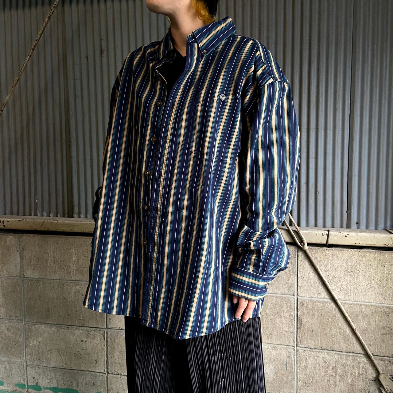 ビッグサイズ 90年代 SCHMIDT WORKWEAR 長袖 マルチストライプシャツ メンズ2XL相当 古着 90S ボタンダウン B.D.シャツ  ヴィンテージ ビンテージ ネイビー グリーン イエロー 紺色 緑色 黄色 大きいサイズ【長袖シャツ】【CS2301-50】 | cave ...