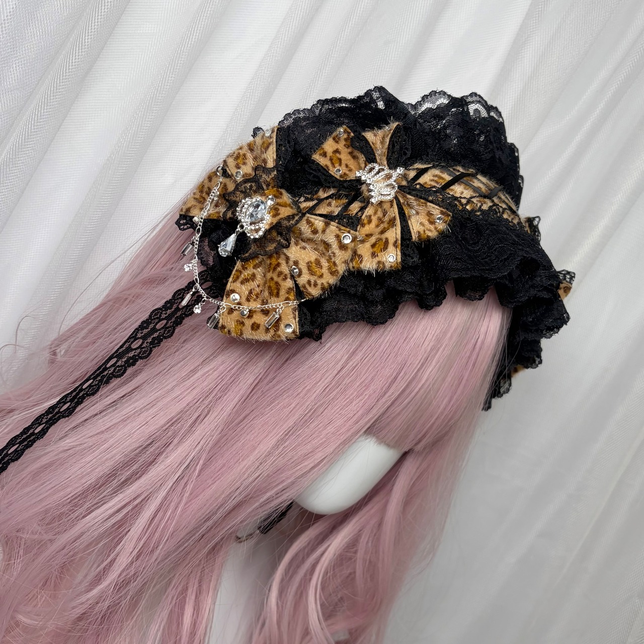 ♡【受注生産】No.9 姫ギャル 小悪魔レオパード ヒョウ柄 ビジューティアラ＆編み上げダブルリボン ブラックレースヘッドドレス dark gray ♡