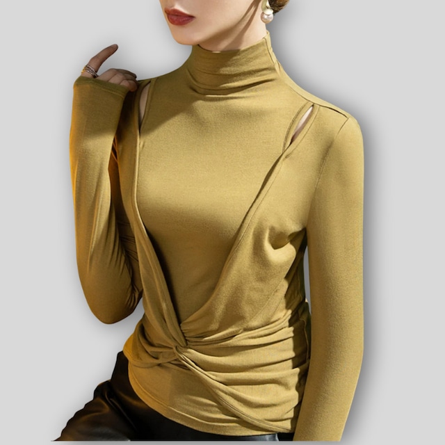 ハイネック ショルダーカット ツイスト スリム トップス 3col D00532