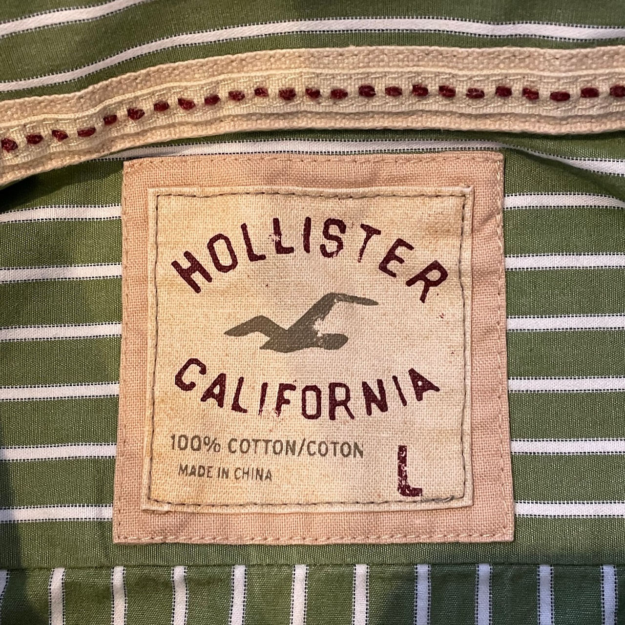 【HOLLISTER】ストライプ 長袖シャツ アースカラー 刺繍ロゴ Lサイズ ホリスター US古着 古着屋手ぶらがbest