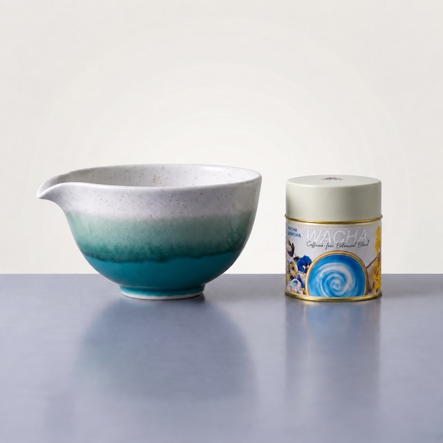 Turquoise Spouted Matcha Bowl | Japanese Mino Ware | BLUE MATCHA 20g Set