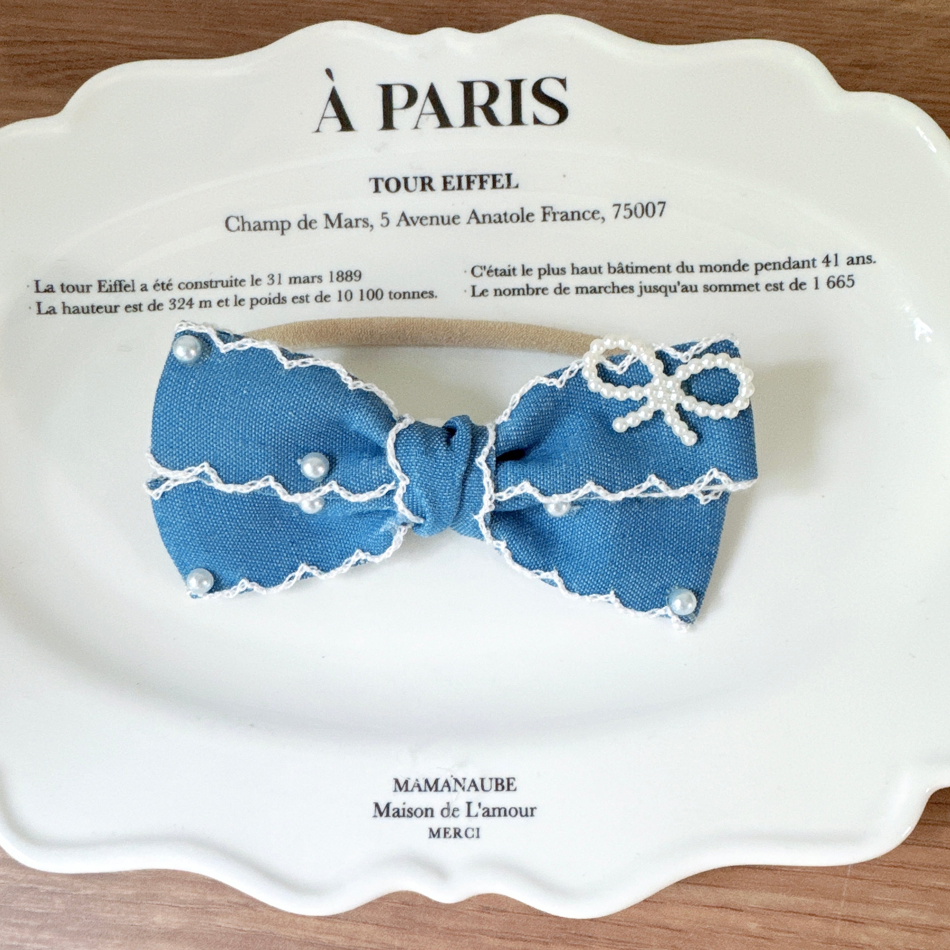 デニムパールのリボンヘアバンド(後ろ支え付き)