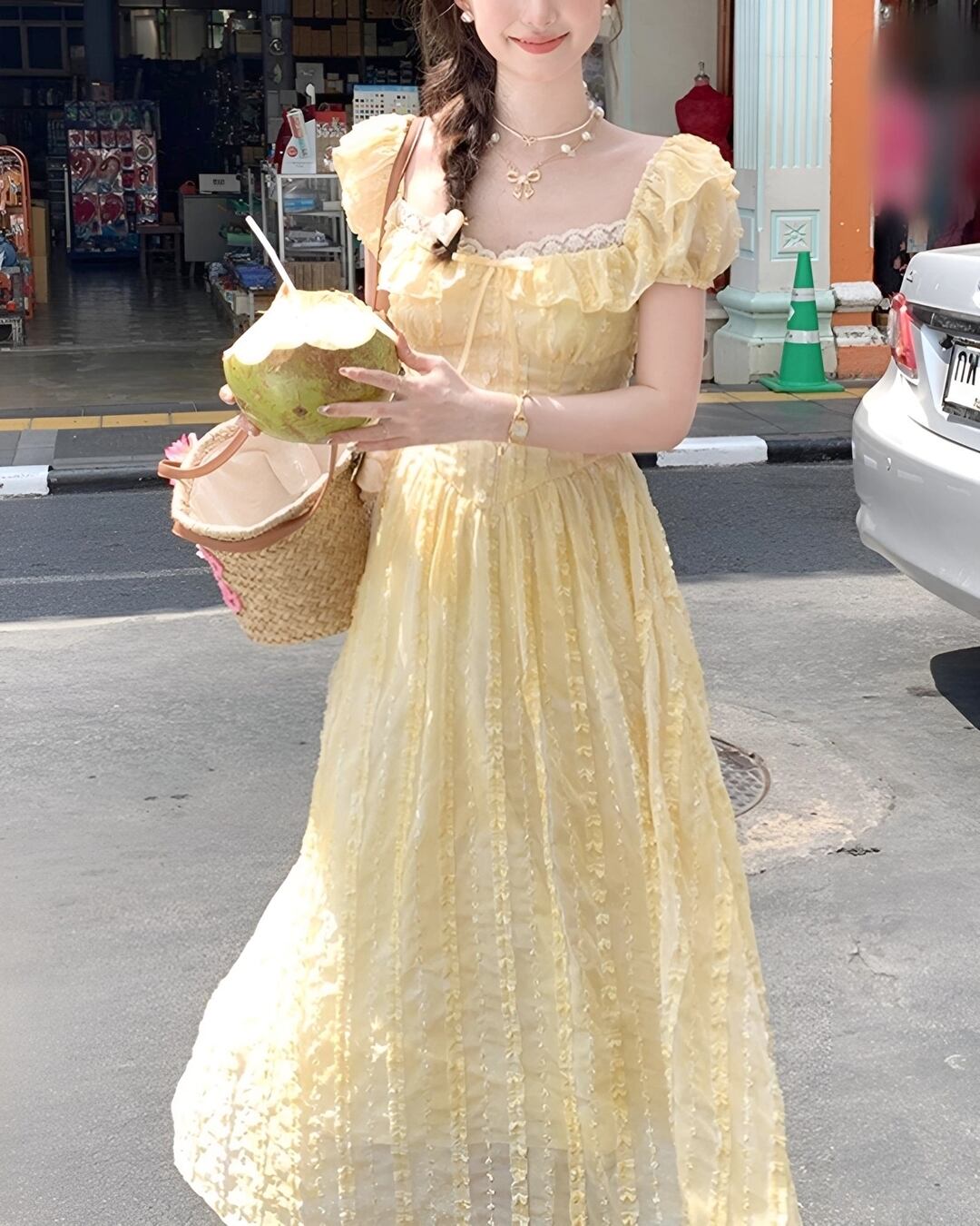 イエローバブルケーキロングワンピース 2503077