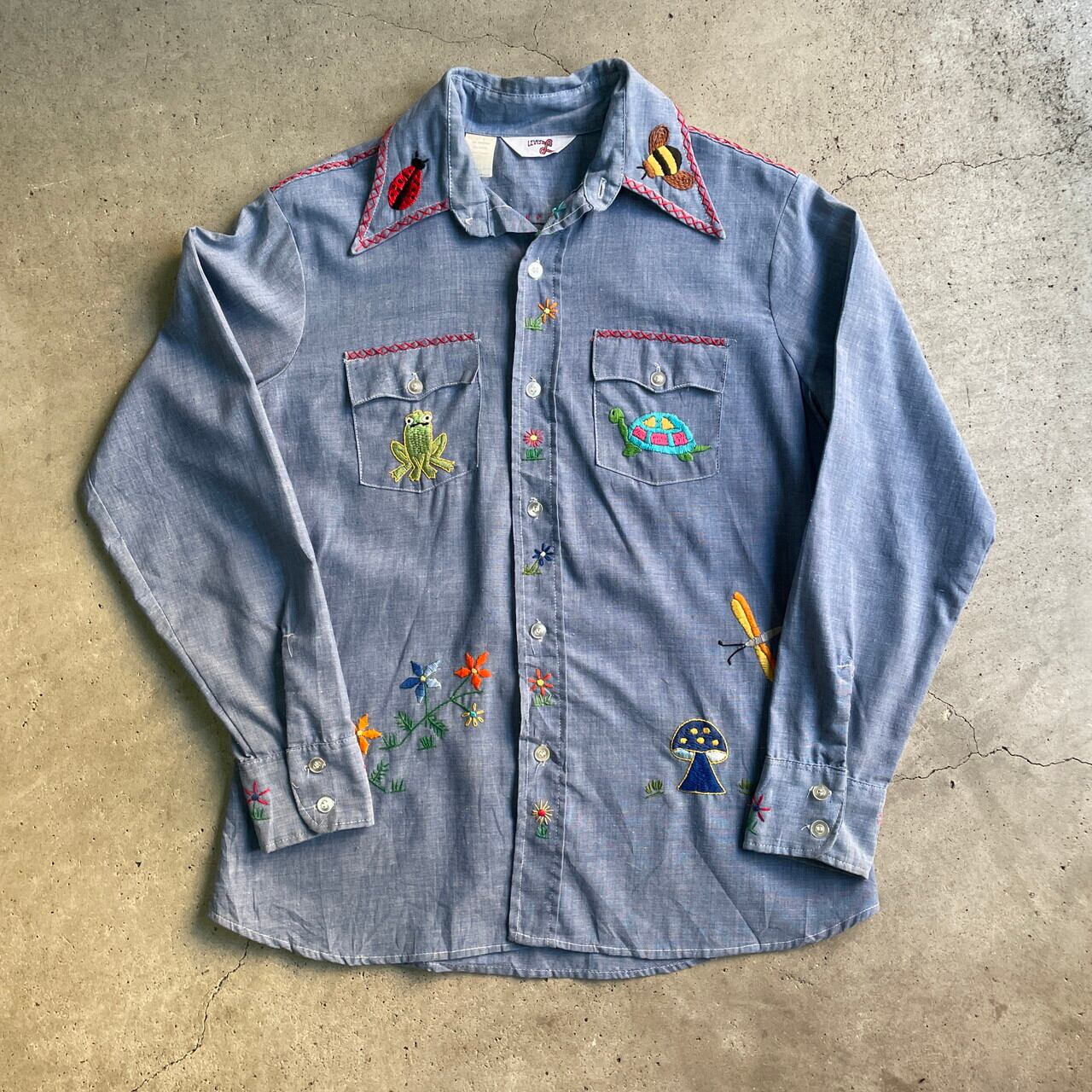 70年代 Levi's リーバイス 手刺繍デザイン シャンブレーシャツ メンズS ...