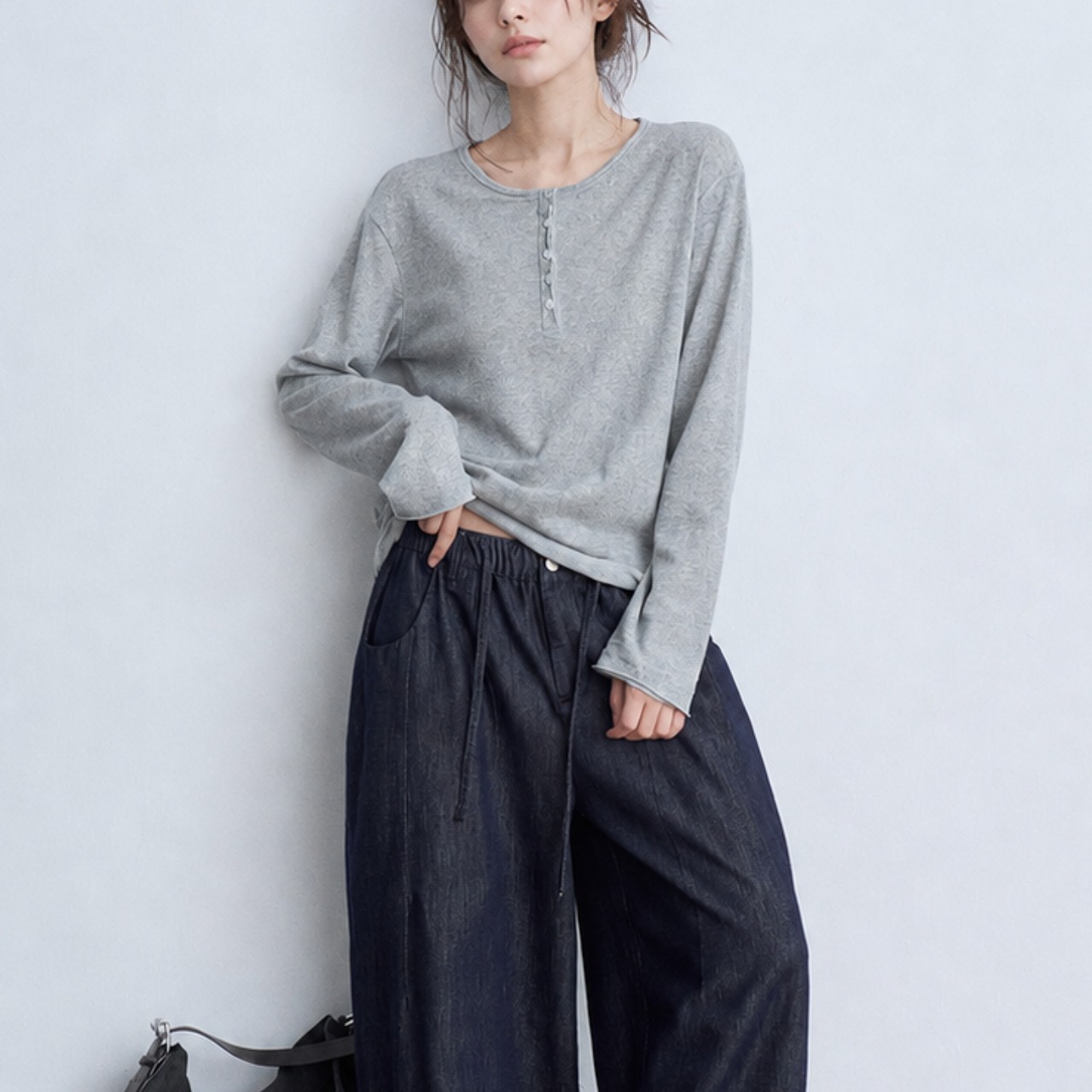 Henley Neck Long Sleeve Tee　T6194
