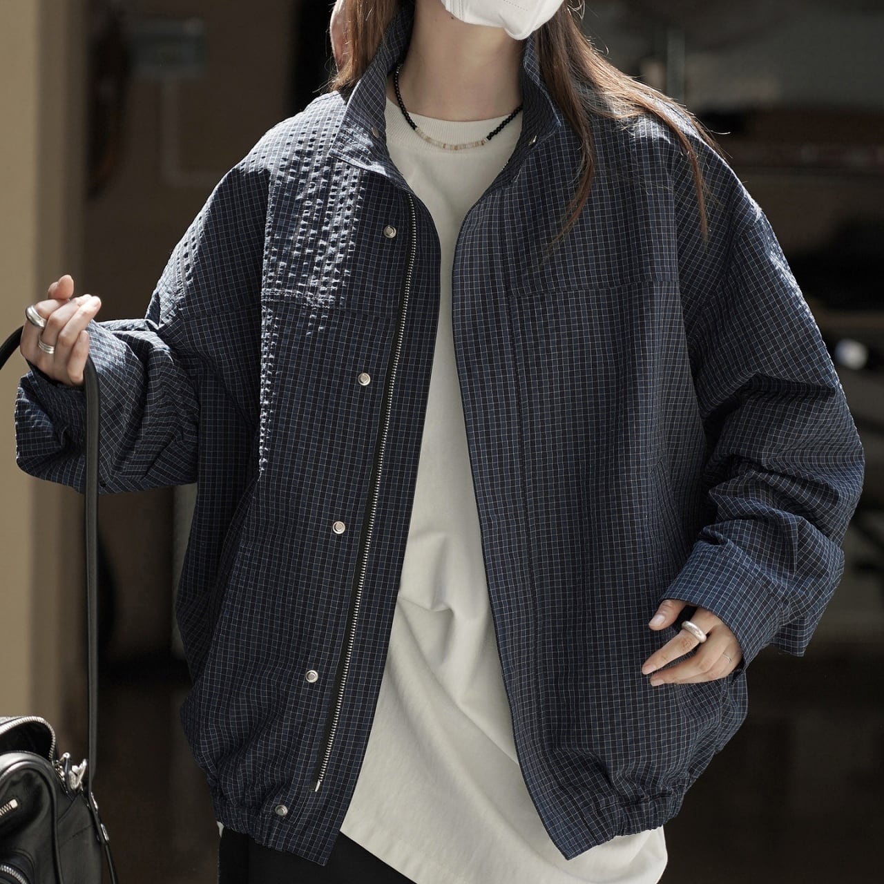 オーバーサイズスタンドカラーチェックブルゾン A01831