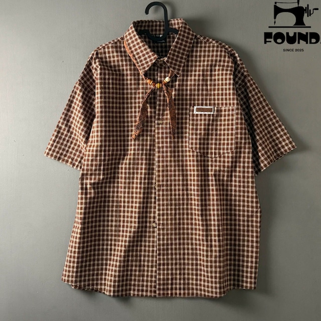 Plaid Bow-Tie Retro Cotton Short Sleeve Shirt(FD391)