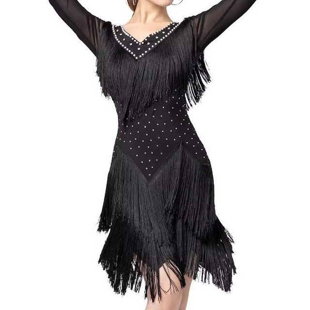 Vネックフリンジデザイン ミッドスリーブドレス ds0092