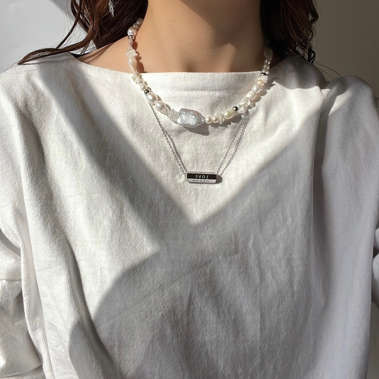 [silver] パール ×ホワイト マンテルネックレス［SSN030］