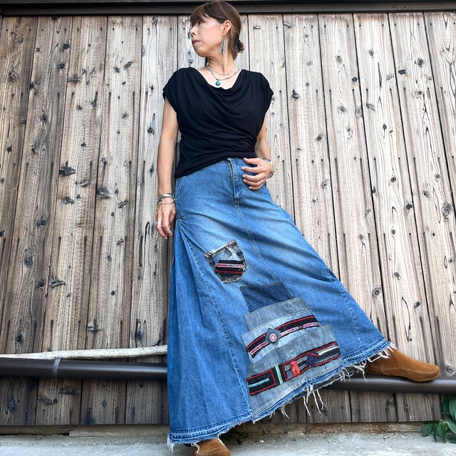 モン族リメイクデニムスカート