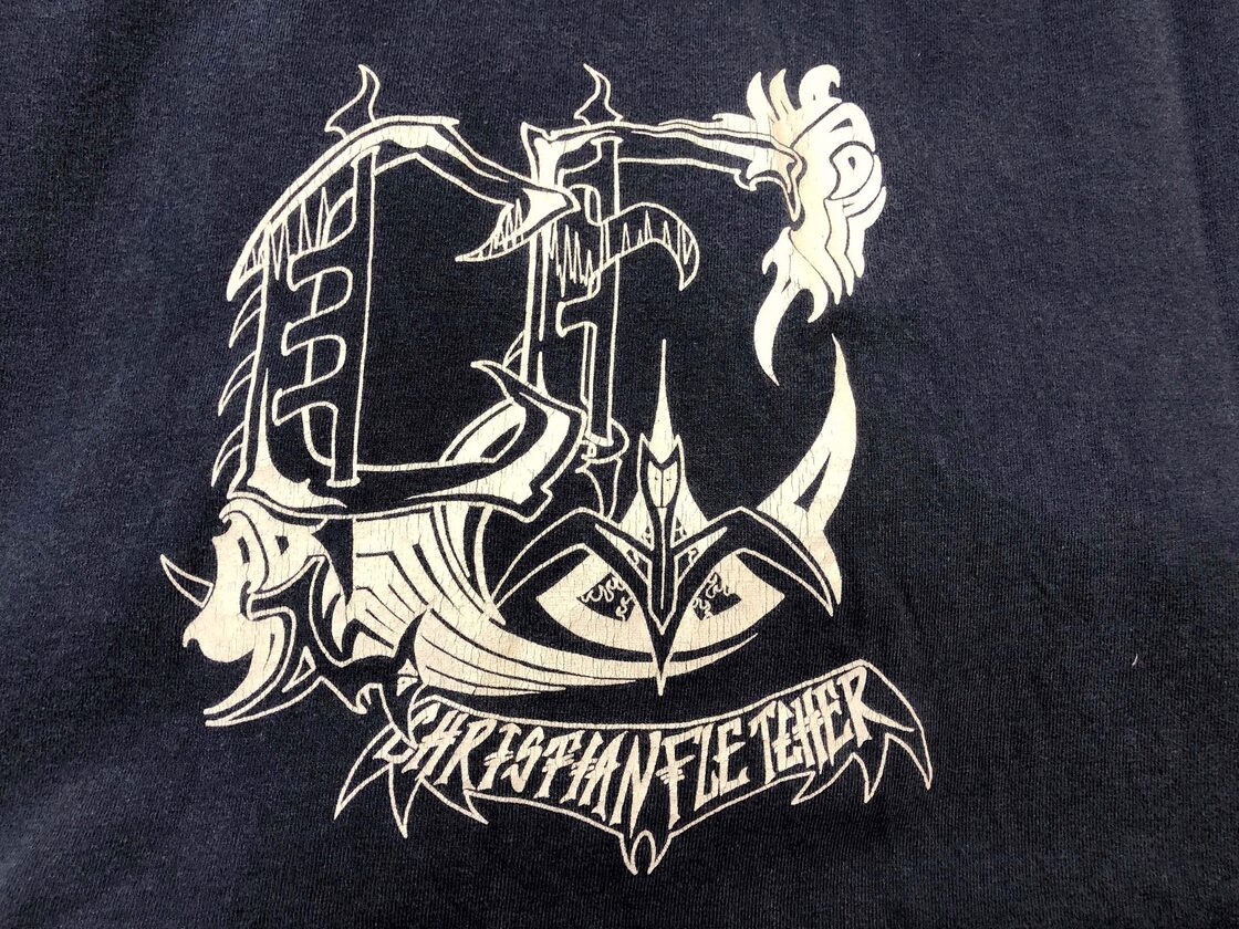 90s クリスチャン・フレッチャー アイアンクロス スカル Tシャツ 紺 