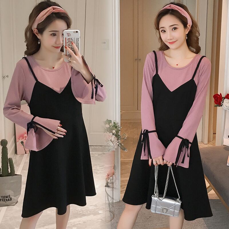 【新作】【送料無料】 マタニティウェア2019春バージョンの新しいファッションフェイクツーピーストランペットスリーブステッチルーズプラスサイズのマタニティドレス-アリババ 大きめサイズ スプリング 春物 expec299757172346