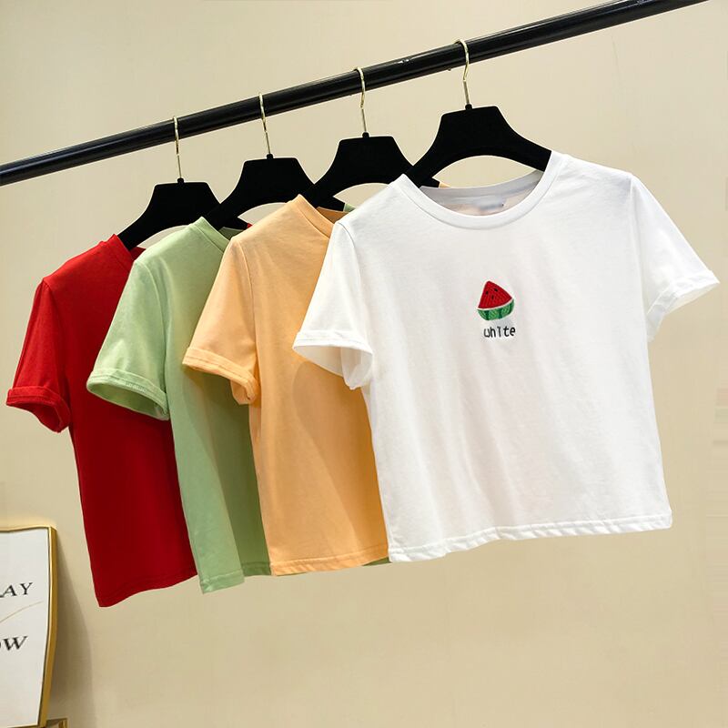フルーツポイントロゴ刺繍 Tシャツ ショート丈 半袖ラウンドネックtシャツ スリムシャツ 韓国レディースファッション 通販 Unique Factor ユニークファクター