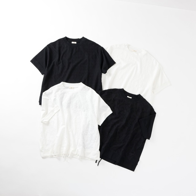 布帛レース柄切り替え裾スピンドル5分袖Tシャツ