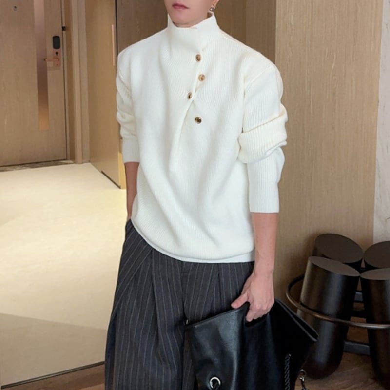 アシンメトリーボタン モックネックリブニット 5カラー LB1706