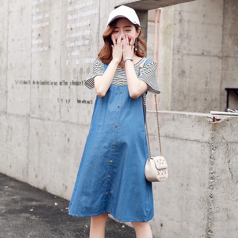 【新作】【送料無料】 マタニティドレス2019夏の新しいマタニティドレスファッションストライプステッチデニムフェイクツーピースルーズマタニティドレス-アリババ サマー 夏物 expec245118405340