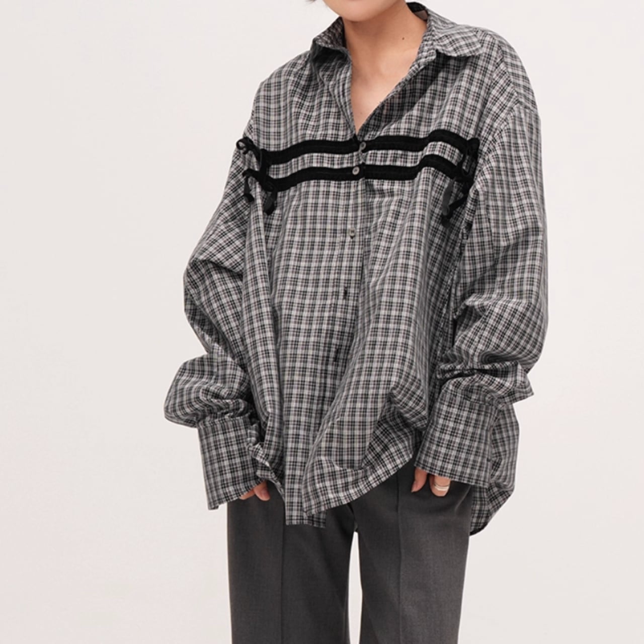 リボンディテールチェックオーバーブラウス BL3456