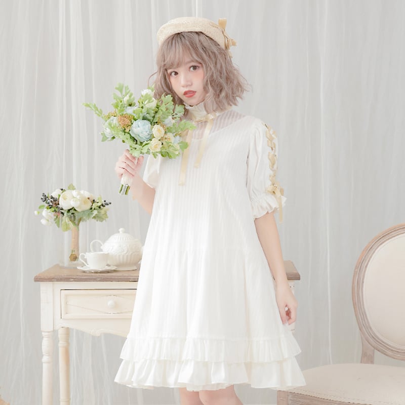 夏期間限定☆メーカー価格より68%OFF!☆ ロリータ服 ロリータファッション Dolly Delly お袖 編み上げ 半袖 クルーネック  膝丈ワンピース ロングワンピース ストライプ リボン カ