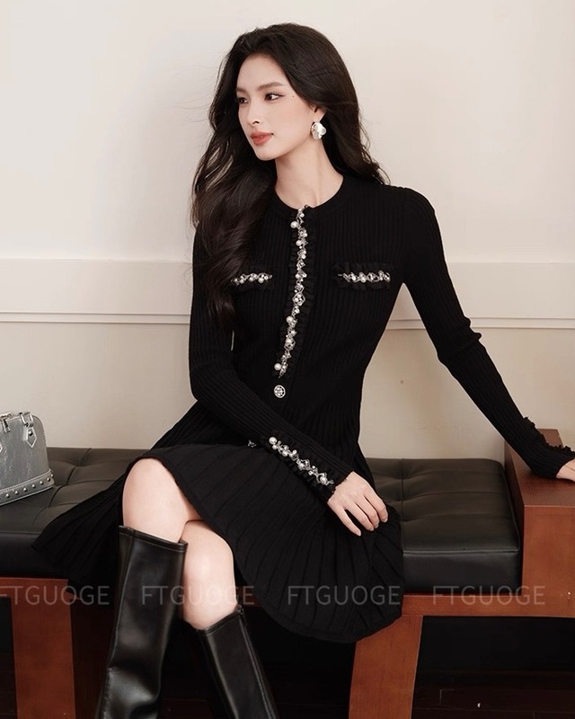 パールディテール リブニットワンピース