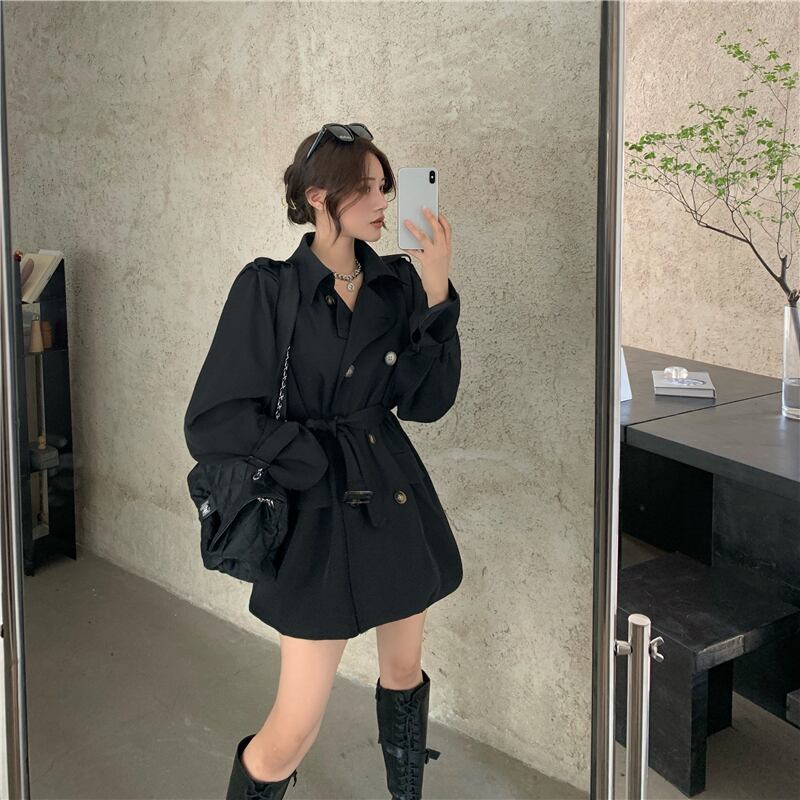 小さなミドル丈の黒の気質のウインドブレーカージャケットの女性2020年秋冬の新しい英国スタイルのオールマッチコート ブラックストロベリース89367099624