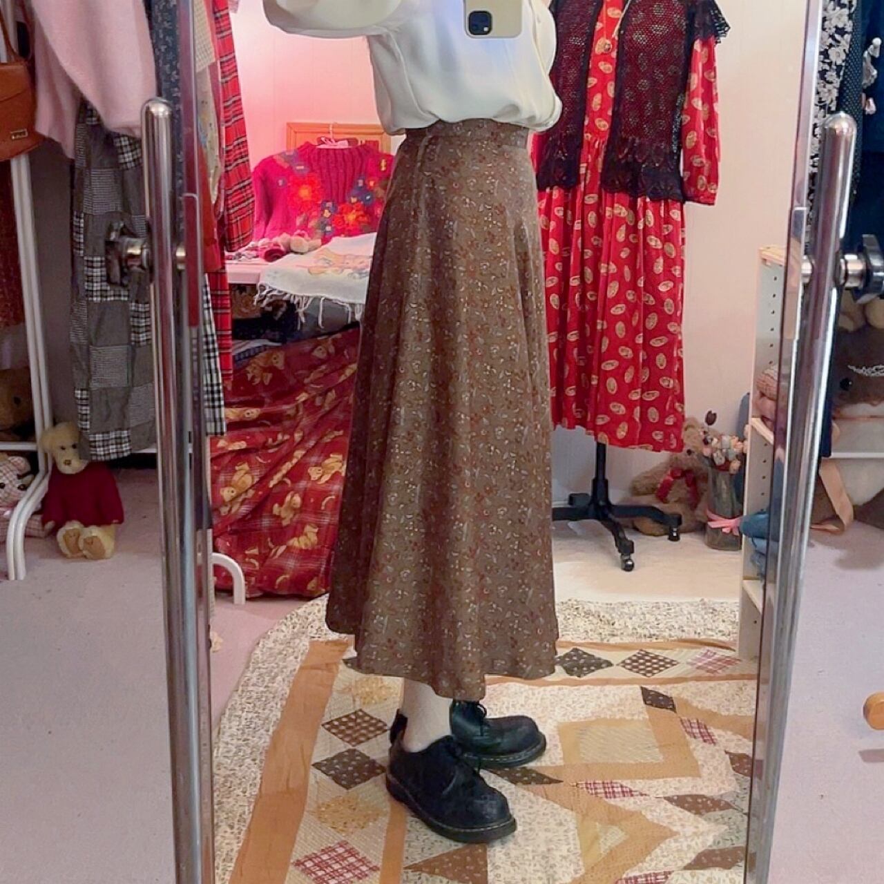 brown flower leaf flare skirt