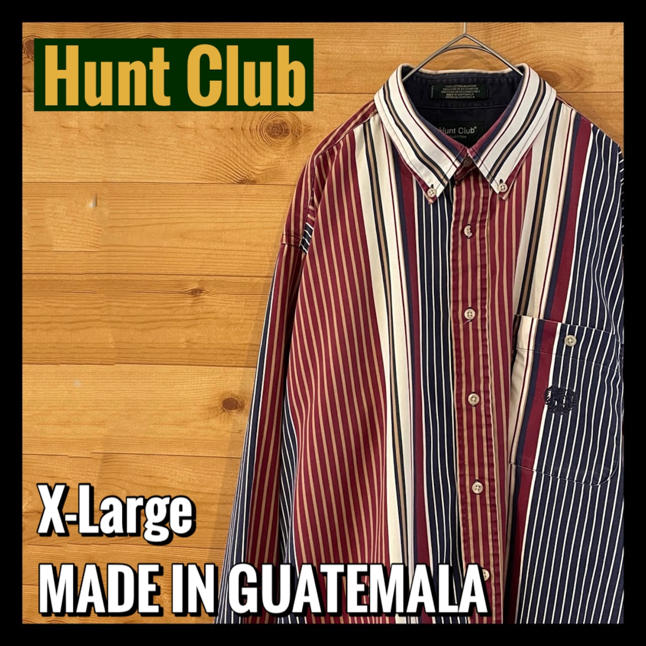 【HUNTCLUB】マルチカラー ストライプ 柄シャツ 刺繍ロゴ ボタンダウン 長袖シャツ  XL オーバーサイズ