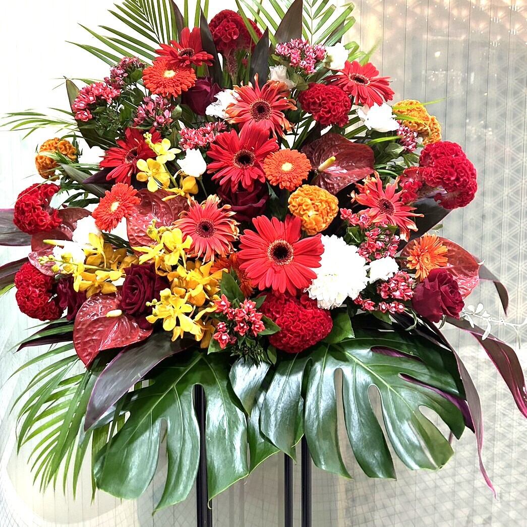 スタンド花「暖色系おまかせミックスカラースタンド1段」お祝い花