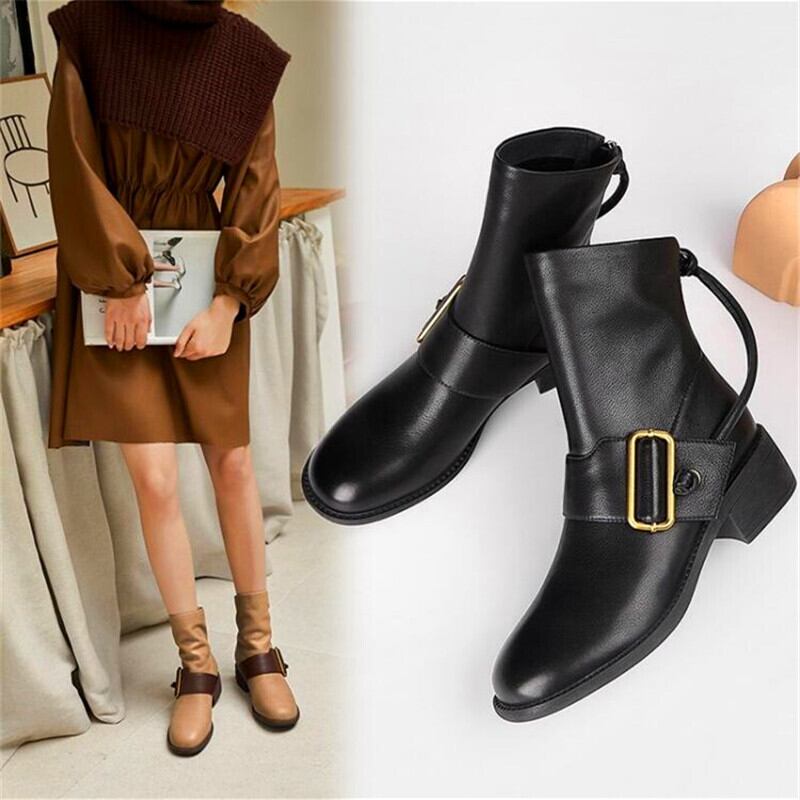 【新作】【送料無料】 新しい女性の厚いヒールのハイヒールのブーツ黒アプリコット金属装飾的なハイヒールのブーツ冬の女性のハイヒールのブーツ ブラック 靴 シューズ ウィンター 冬物 10b326643665206