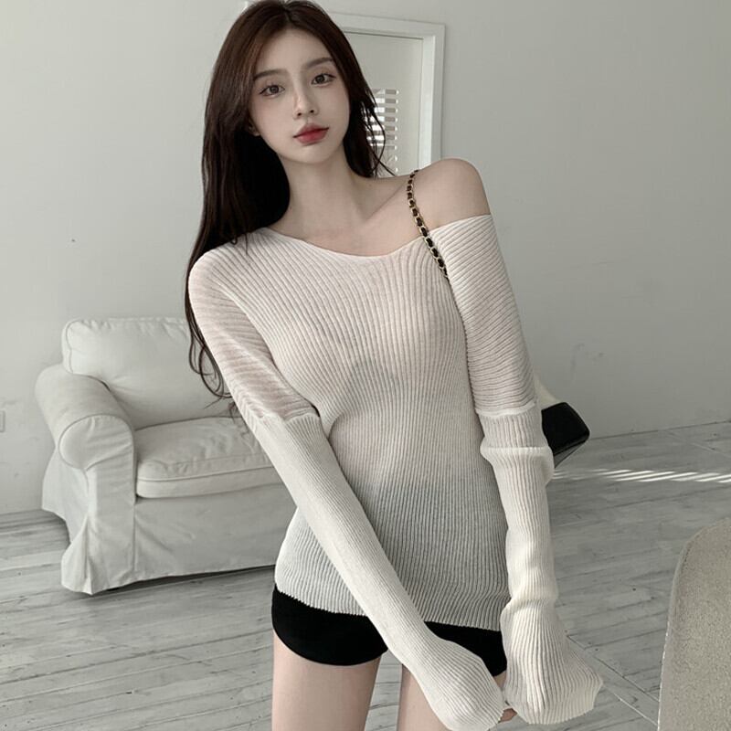 サマー薄手セーター Vネックホワイトブラウス ロング 夏物 ガールズファッション83701396726