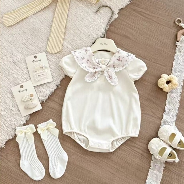 【BABY&KID】夏作ベビー 花柄 リボン ロンパース ボディスーツ【ソックス贈り】