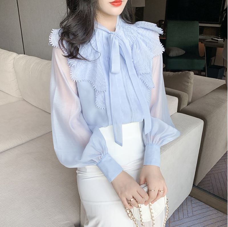 トップス レディース シャツ ブラウス シースルー 長袖 リボン フリル