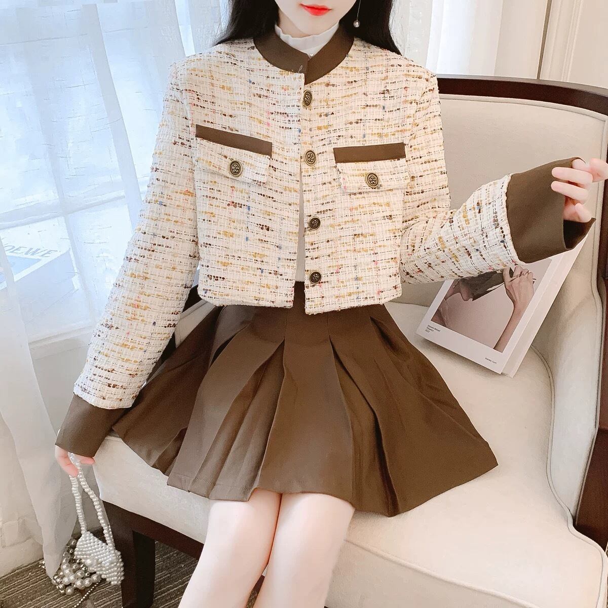 セットアップ】制服 スクール ジャケット ミニスカート 茶色 チェック