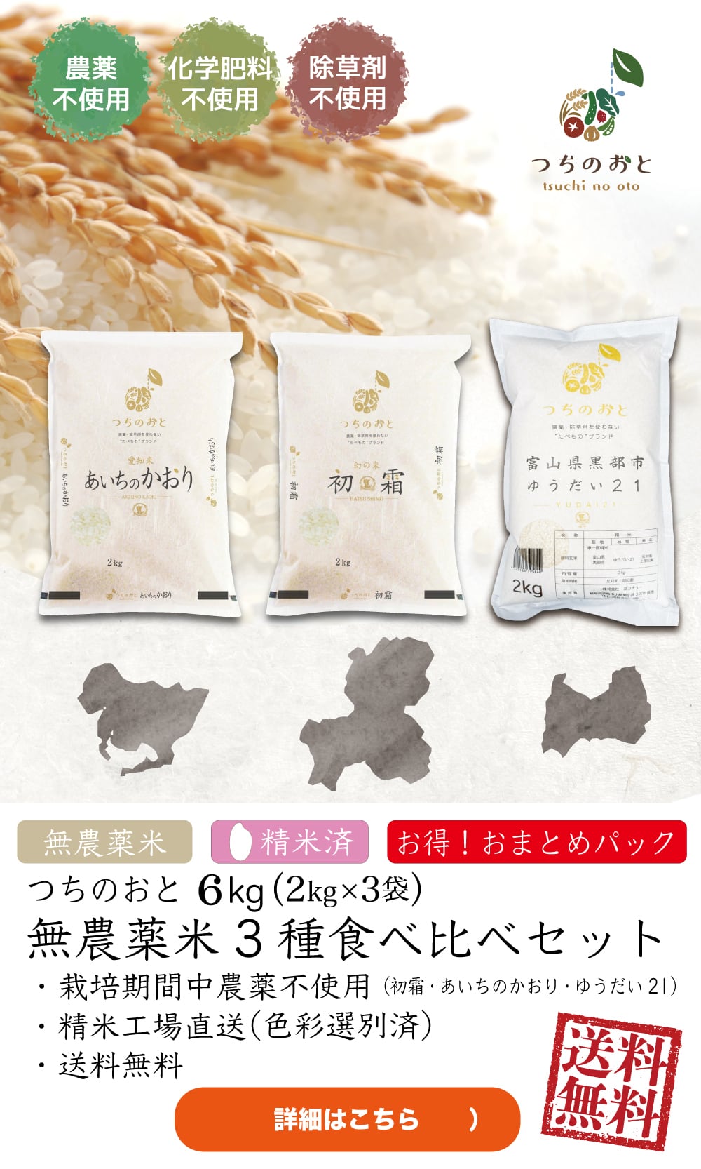 無農薬栽培米6kg（2kg×3袋）『つちのおと』3種食べ比べセット　初霜・あいちのかおり・ゆうだい21【精米済】　（酵素ミネラル農法）岐阜県産 令和7年産