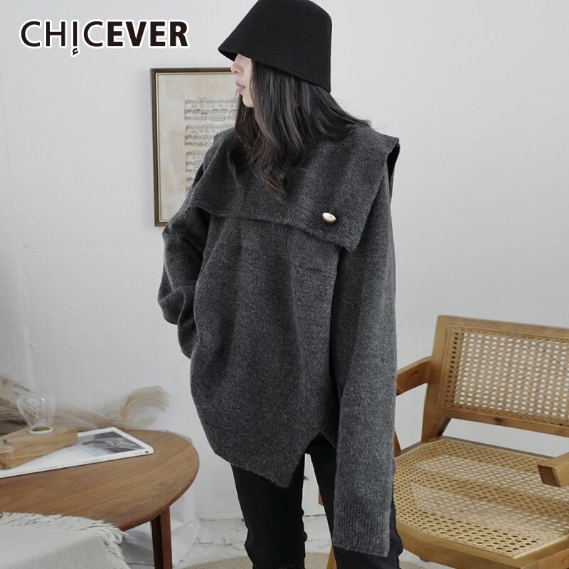 CHICEVERセーター女性Vネック長袖特大パッチワーク編み物灰色の厚いプルオーバー2020冬服 ロング ウィンター 冬物 6base551991974452