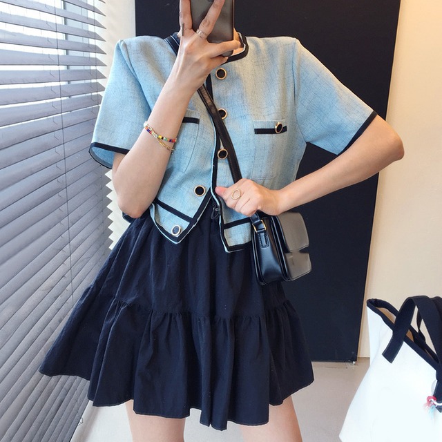 トップス スカート ミニ ショート 半袖 夏 スーツ フレア ティアード ネイビー ブルー ホワイト