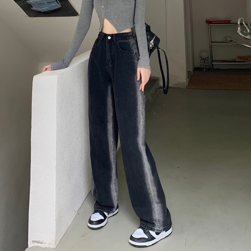 【新作】【送料無料】 グラデーションカラージーンズ秋冬2022新しい香港スタイルのデザインハイウエスト痩身アウターウェアルーズワイドレッグパンツ女性のトレンド 0386675826738