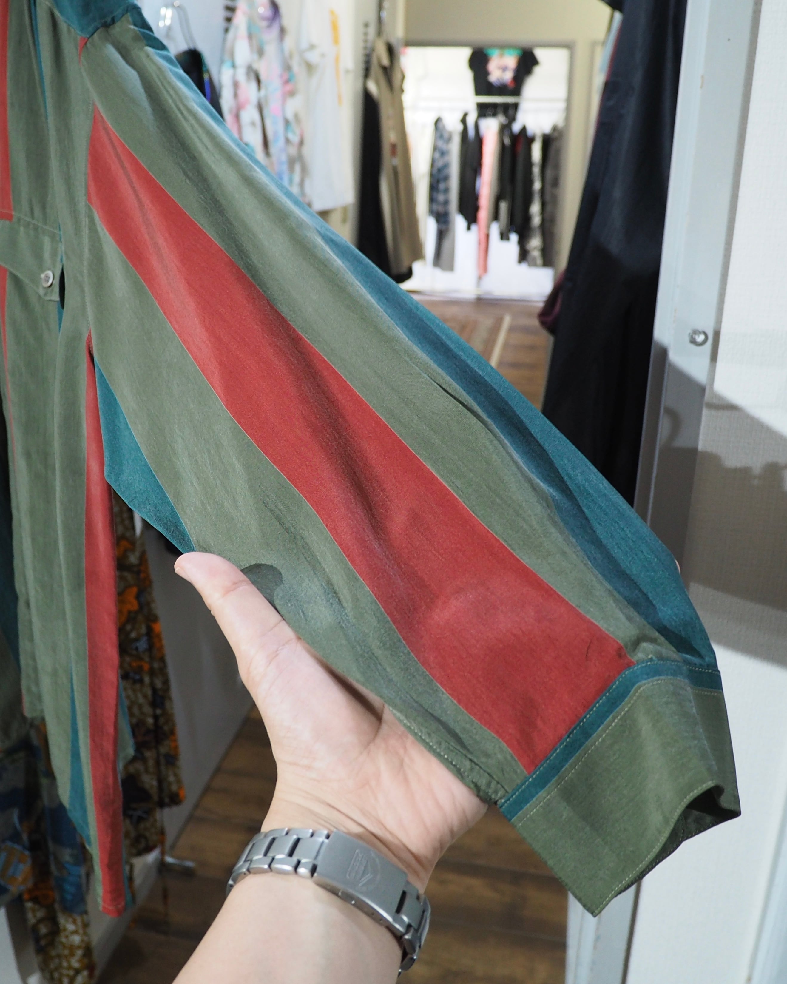 1980s ” BARBANO ” Tricolore stripe pattern vintage Drape loose Shirt