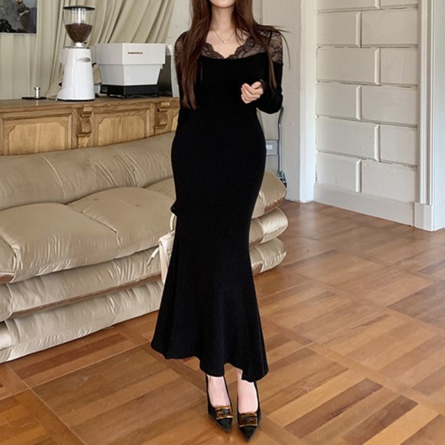 V neck elegant lace stitch long knit dress ( 2color )