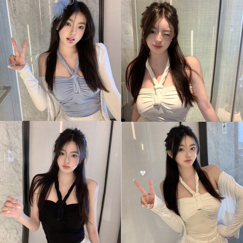 ホルターサマーショートブルートップス 夏物 ブラックストロベリース95959758993