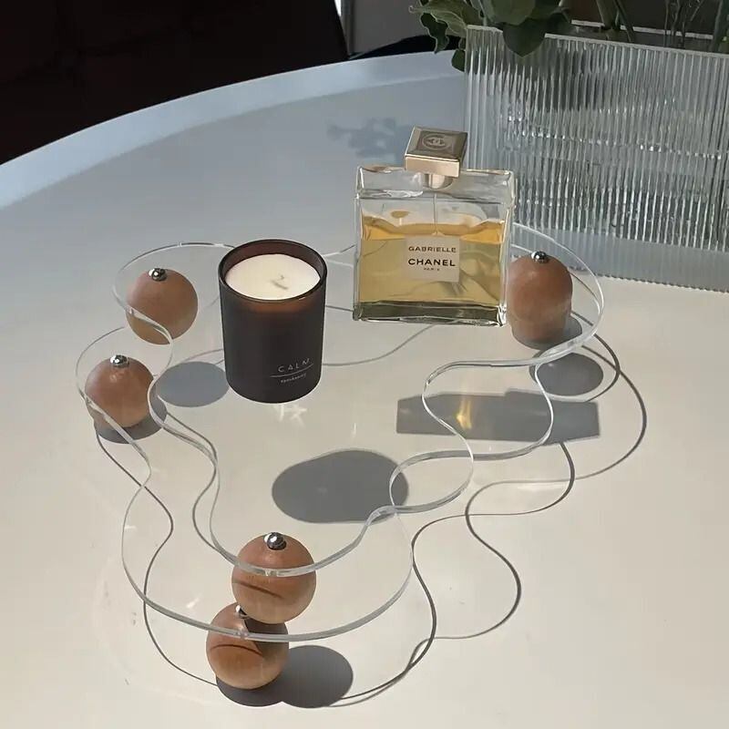 インテリアトレイ 小物置き ディスプレイトレイ 透明 アクリル 木製 脚