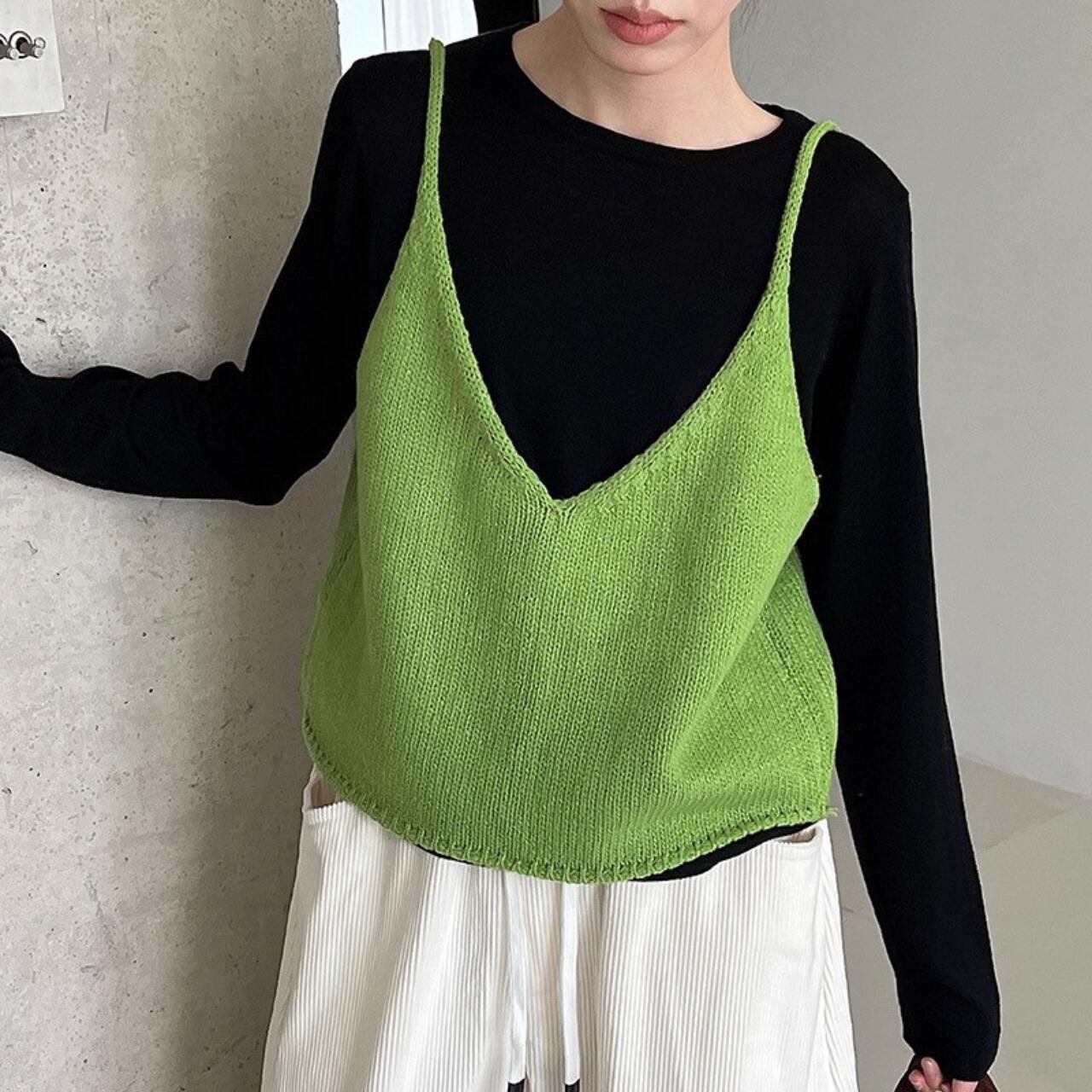 Back ribbon V-neck knit vest ◇3colors 2121