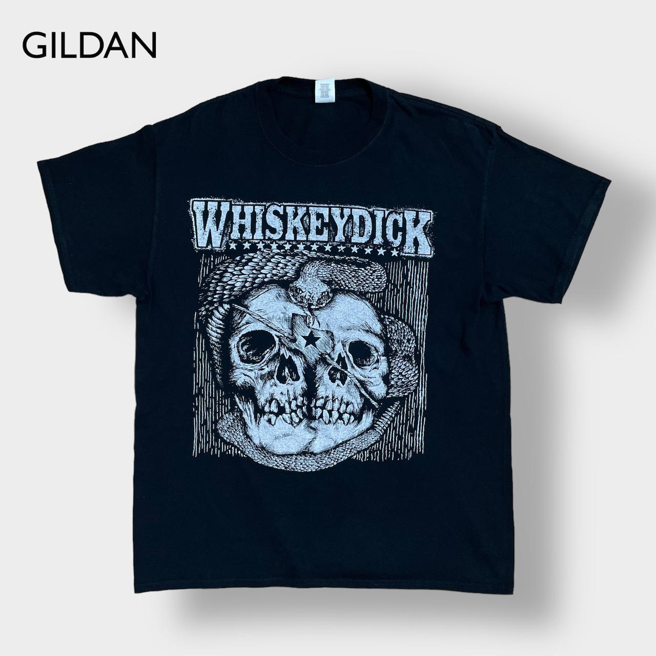 【GILDAN】WhiskeyDick バンドTシャツ バンt ロックTシャツ プリント ロゴ Tシャツ スカル メタル カントリー ウィスキーディック 半袖 L 黒t  US古着