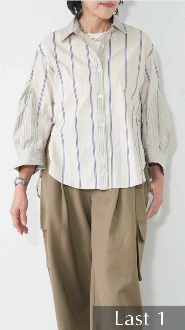 Mixed stripe tuck sleeve shirt(BEIGE)